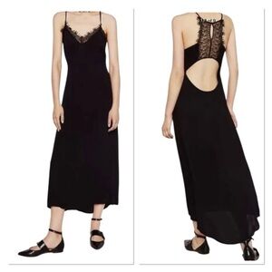 Zara Open Back Satin Lace Trim Black Slip Dress